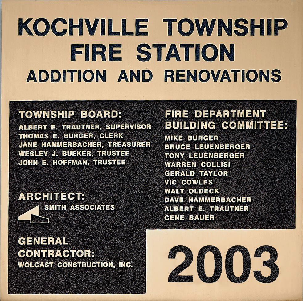 Etched bronze Fire Station plaque with satin bronze horizontal grain finish